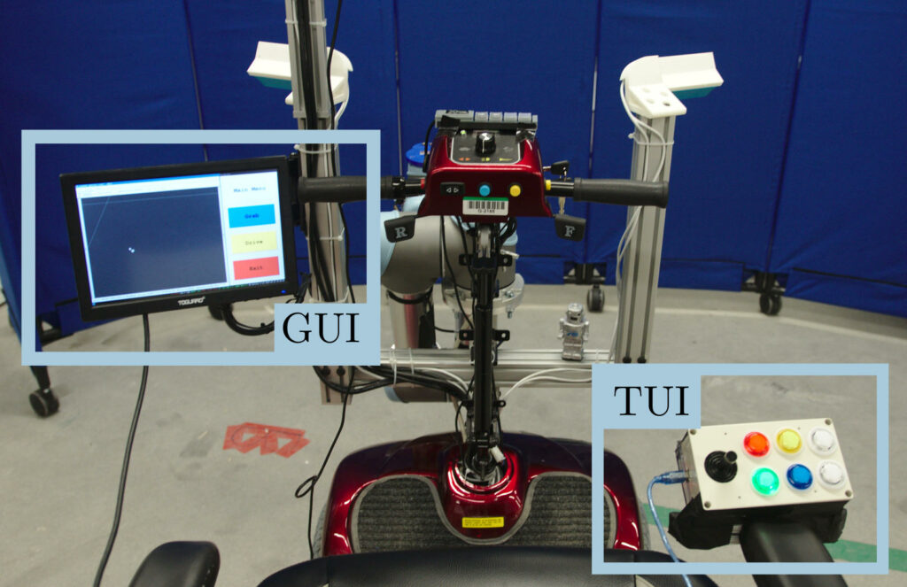 First person point of view from the assistive robot system showing the touchscreen for control of the GUI, and button panel for control of the TUI.