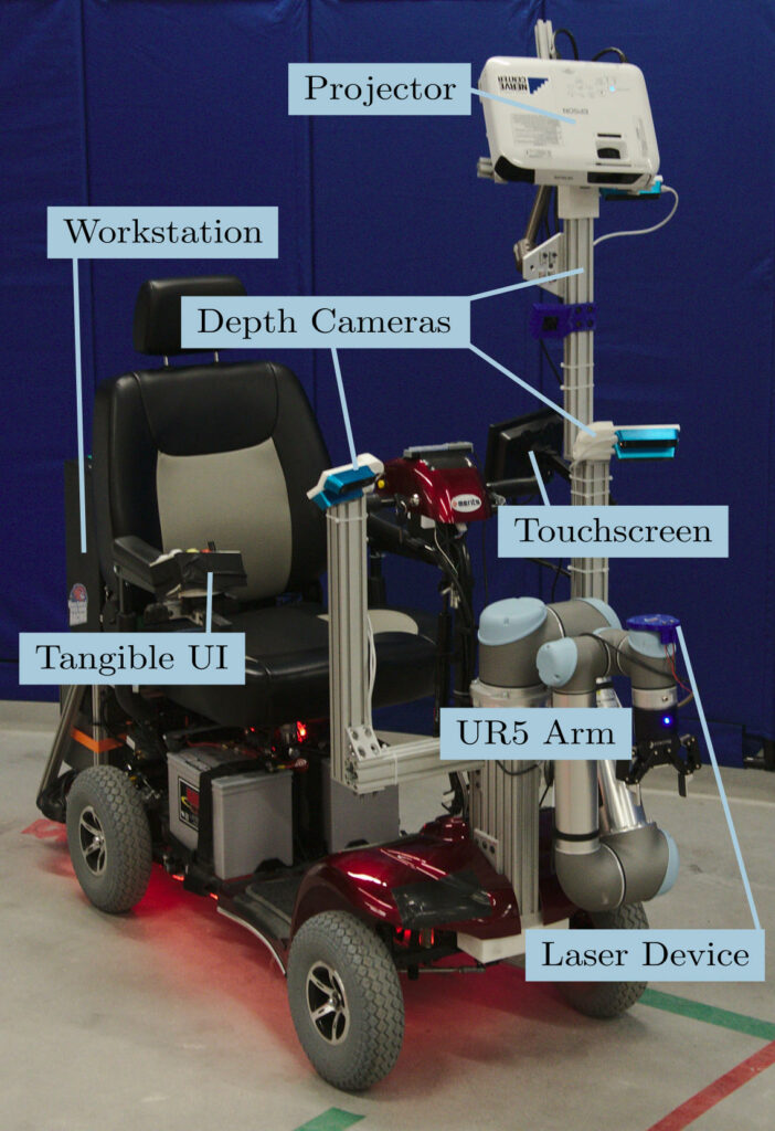 The assistive robot system with a Universal Robots UR5 robot arm outfitted with a Robotiq 2F 85 gripper mounted on a Merits Pioneer 10 mobility scooter