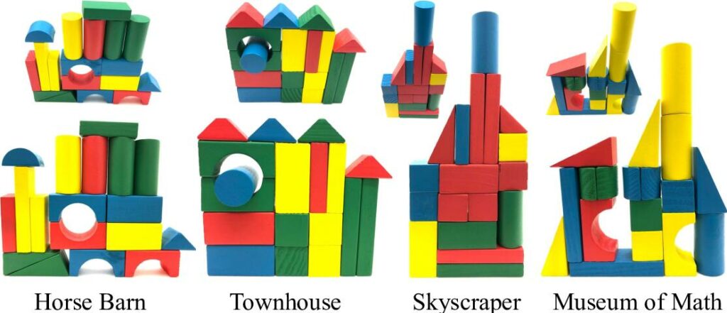 Four buildings to be constructed, with 18 blocks for each. To help participants identify individual blocks, two angles were provided. For any building, half (9) of its blocks are in the current quadrant while the other half are distributed to the remaining three quadrants, allowing us to collect references to non-present objects.